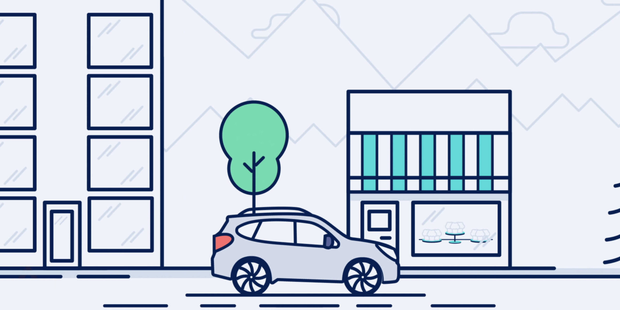 How It Works Video - Line illustrations with a car and buildings