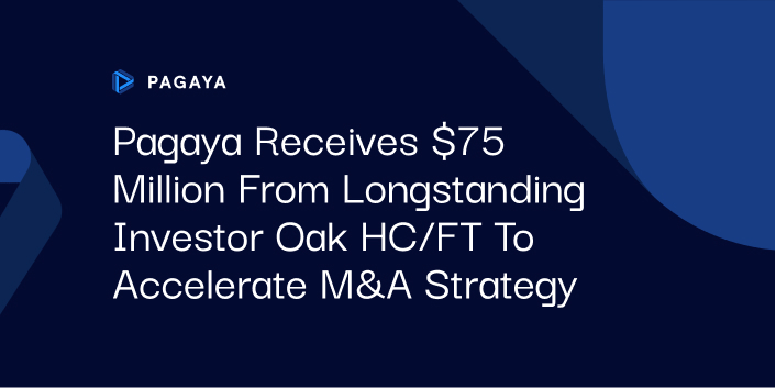 Pagaya Receives $75 Million from Longstanding Investor Oak HC/FT to Accelerate M and A Strategy text on a blue background with the Pagaya logo and blue ribbons